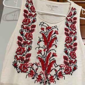 Lucky Brand White Embroidered Tank Top Floral Cross-stitch M Medium